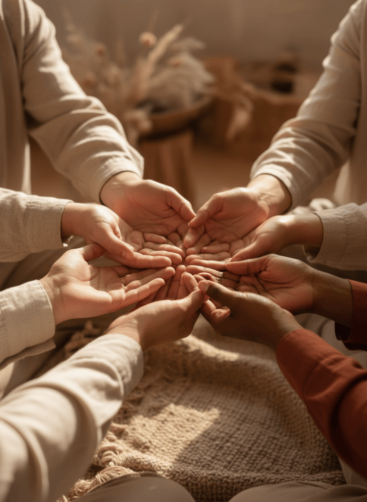 A warm photograph of open hands gently gathered or reaching toward one another among a small group, conveying connection and support. Soft natural light, earthy cream and terracotta palette, calm therapeutic atmosphere, sophisticated and grounded, not new-age.